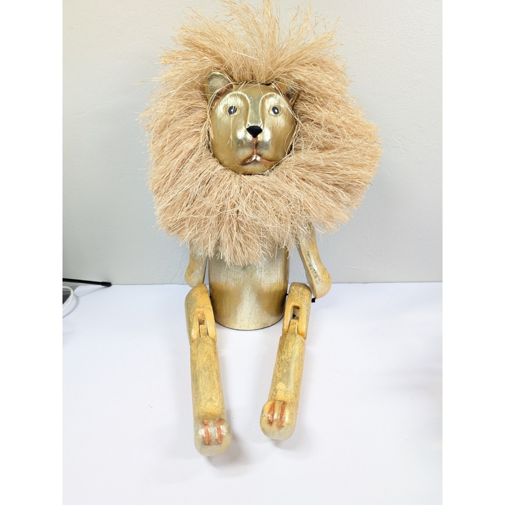 Vtg Wooden Folk Art Jointed Lion Shelf Sitter Hand Carved Wood Decor Wizard OfOz